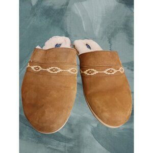 Hari Mari Shearling Lined Suede Slippers In Tan color With Embroidered Details S